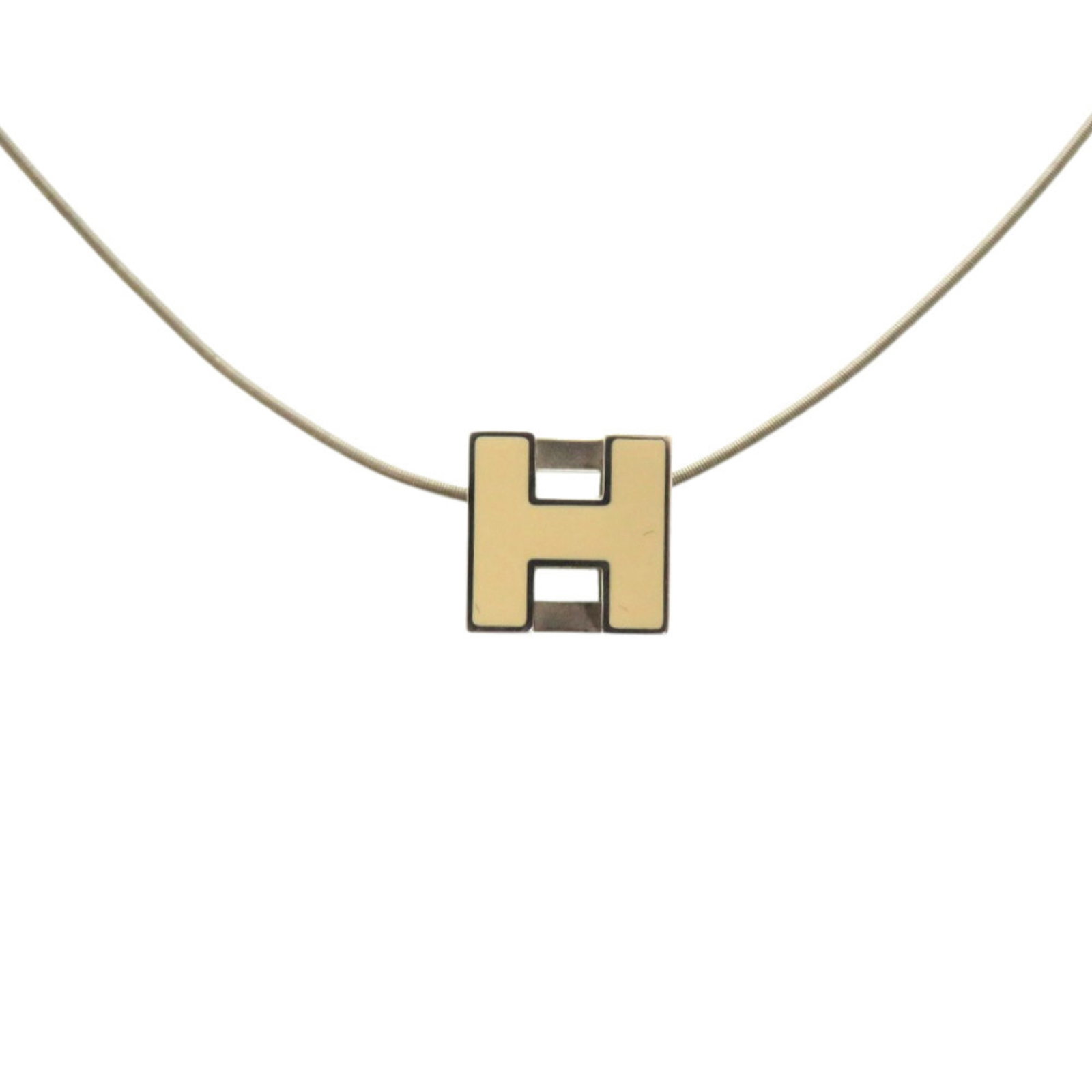 Hermes Excellent Condition Herms Case D'Ache H Cube Metal Silver White Necklace 1034: Hermes Excellent Condition Herms Case D'Ache H Cube Metal Silver White Necklace 1034 Ivory and silver metalwork defines this elegant Herms Case D'Ache H Cube necklace, featuring a 43 cm adjustable nec