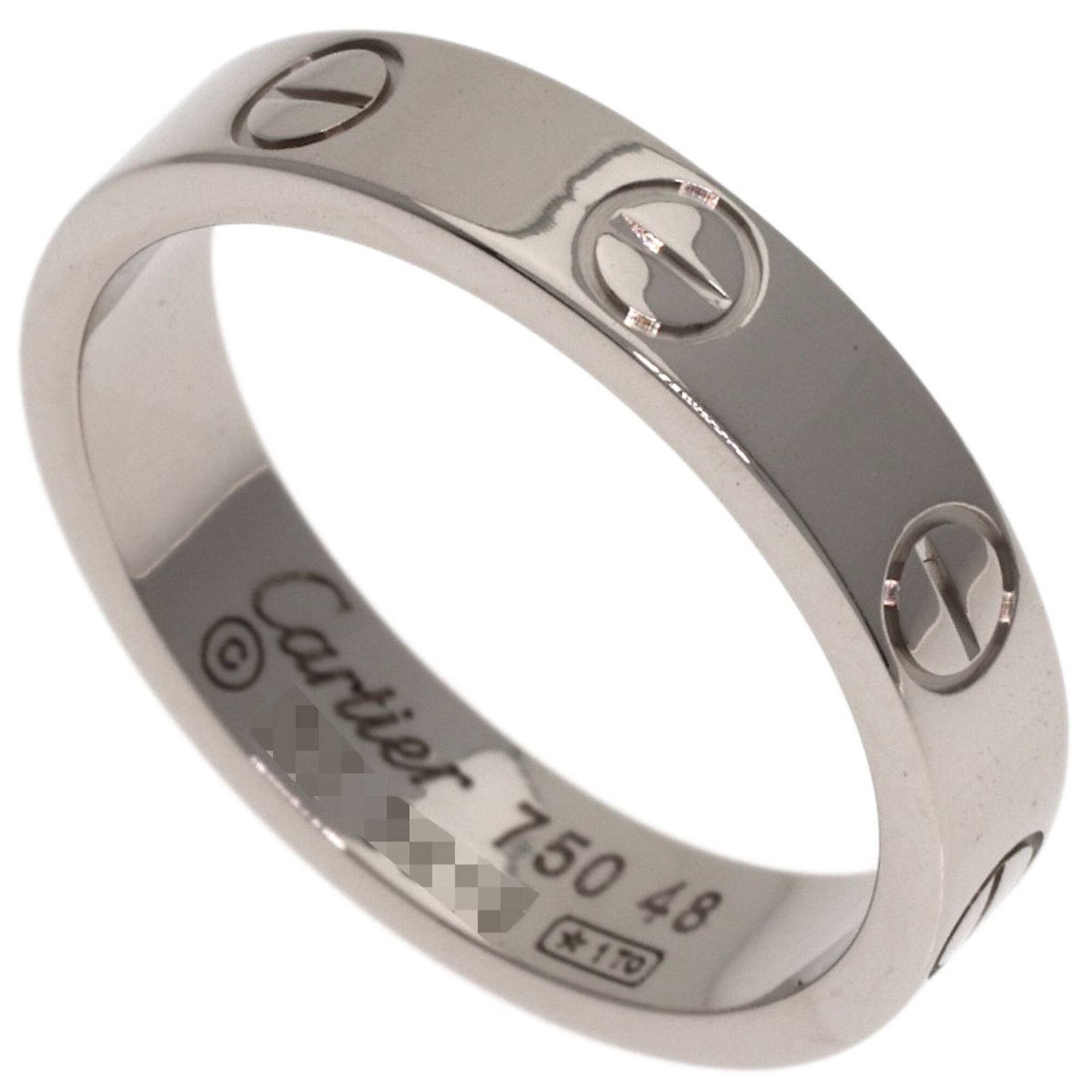 White Gold Band Ring by Cartier 18K: White Gold Band Ring by Cartier 18K Cartier's 18K white gold band ring boasts elegant simplicity with its understated design. This US size 4.5 ring features the iconic luxury brand, crafted from high-