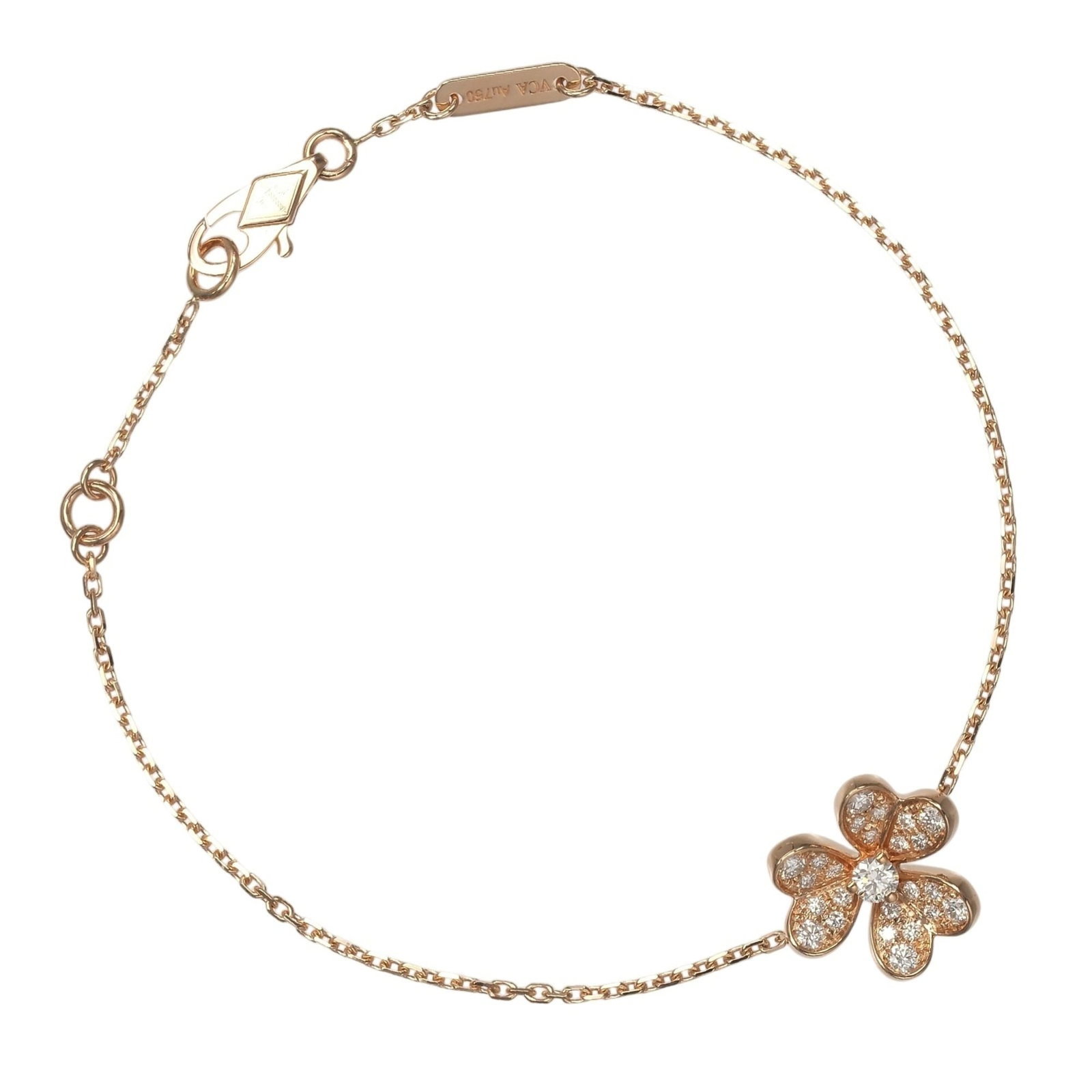 Van Cleef & Arpels Charm Bracelet Pink Gold (18K): Van Cleef & Arpels Charm Bracelet Pink Gold (18K) Pink gold (18K) charm bracelet from Van Cleef & Arpels, featuring diamonds and measuring 13.8cm - 15.5cm in length. This elegant piece showcases the b