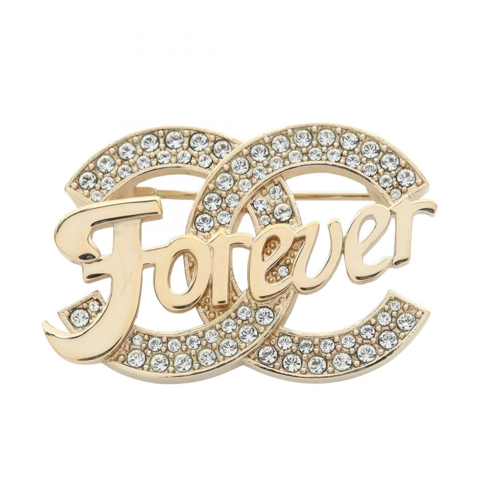 Chanel rhinestone gold plating brooch: Chanel rhinestone gold plating brooch Gold plating and clear rhinestones adorn this elegant Chanel brooch, adding a touch of luxury to any outfit. The brooch's gold plating provides a sophisticated ba