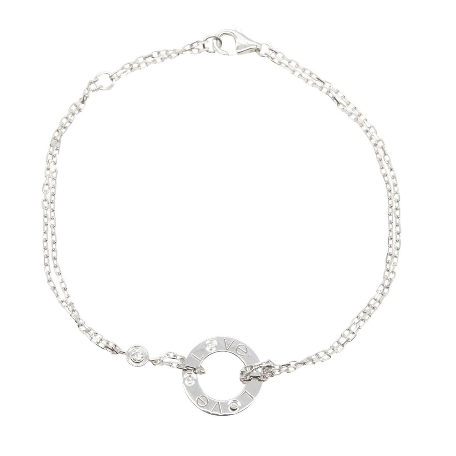 White Gold Cartier Charm Bracelet: White Gold Cartier Charm Bracelet White gold Cartier charm bracelet with clear, silver stone diamond details. This 18K white gold piece measures between 16cm and 18cm in length, offering a sleek and s