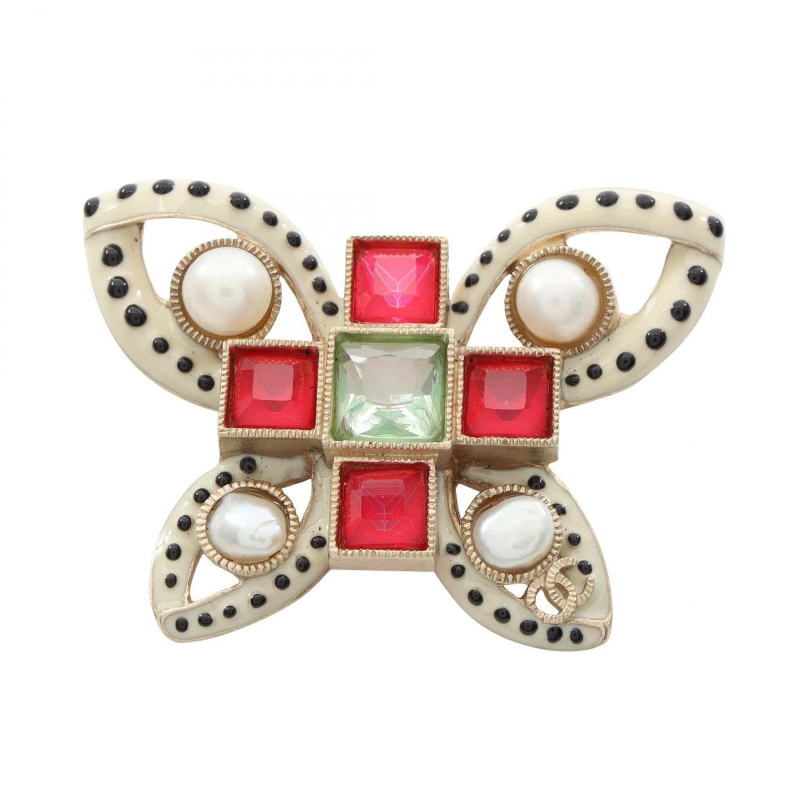 Chanel Brooch Artificial Pearl Gold Plating Rhinestone: Chanel Brooch Artificial Pearl Gold Plating Rhinestone Artificial pearl, gold plating, and rhinestone come together in this Chanel-inspired brooch, featuring a striking red accent against a gold backg