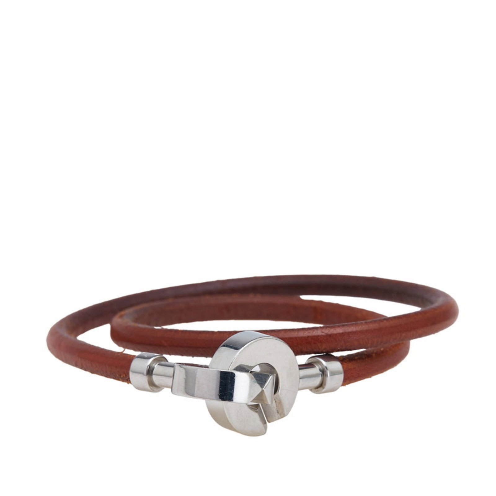 Metal Leather Charm Hermes Bracelet: Metal Leather Charm Hermes Bracelet Brown and silver metal leather charm bracelet from Hermes, measuring 18.5cm in length, comes with a box for storage. This charm bracelet features high-quality mater