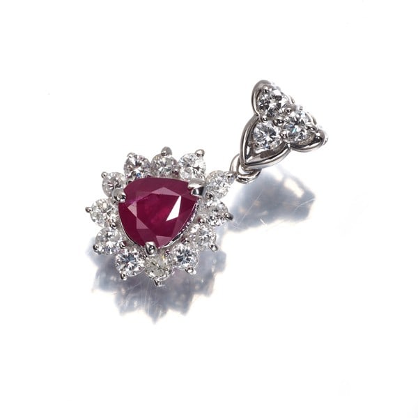 Ruby 0.94Ct Diamond 0.54Ct Teardrop Drop Pendant 900 Platinum: Ruby 0.94Ct Diamond 0.54Ct Teardrop Drop Pendant 900 Platinum 900 Platinum Ruby 0.94Ct Teardrop Drop Pendant - A stunning natural ruby, approximately 5.2 x 4.7mm in size, is set in a beautiful