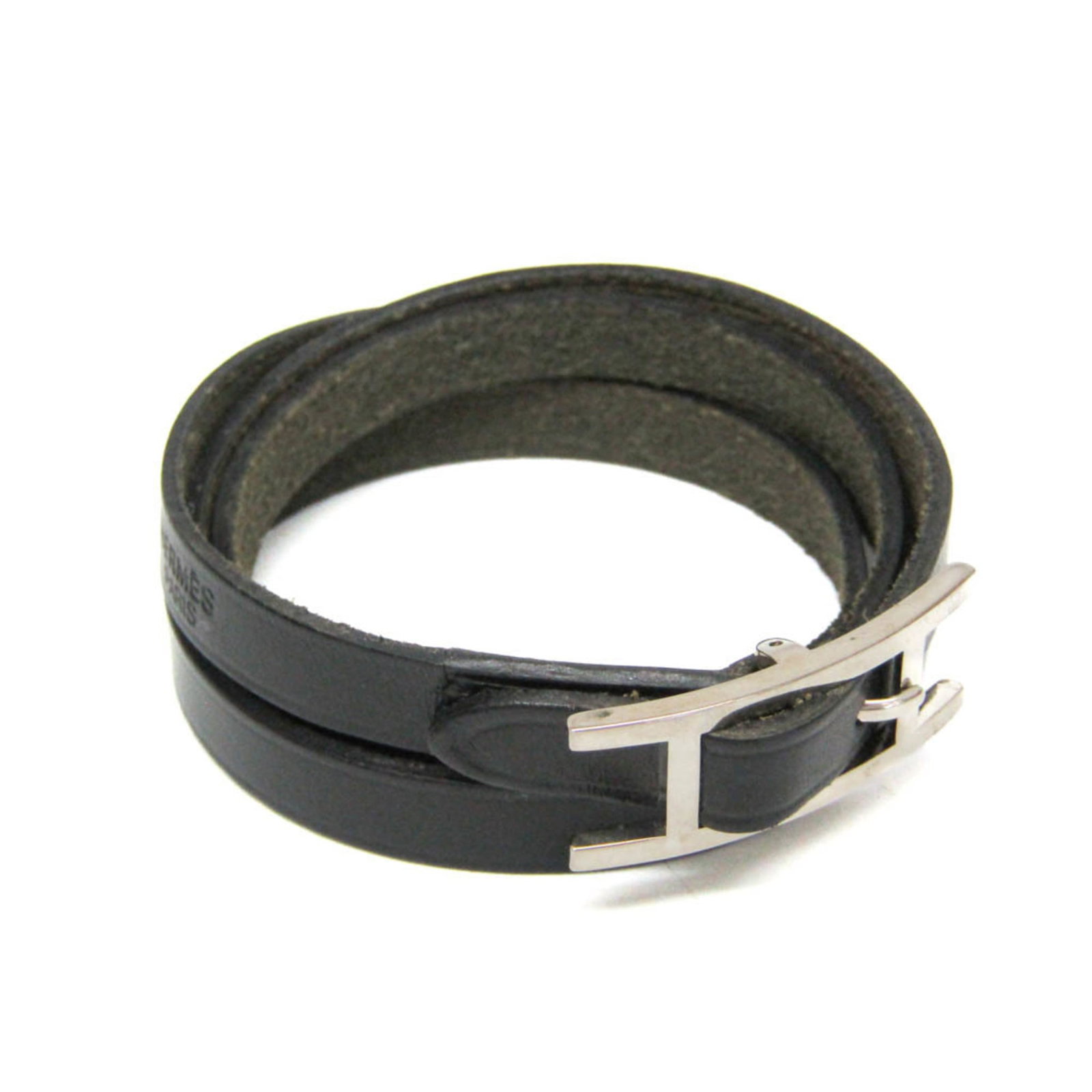 Hermes Bangle Leather Metal: Hermes Bangle Leather Metal Black and silver leather bangle with metal accents, featuring a triple bracelet choker design. Made from box calf leather and metal, this casual bangle measures 19.5-20.5cm