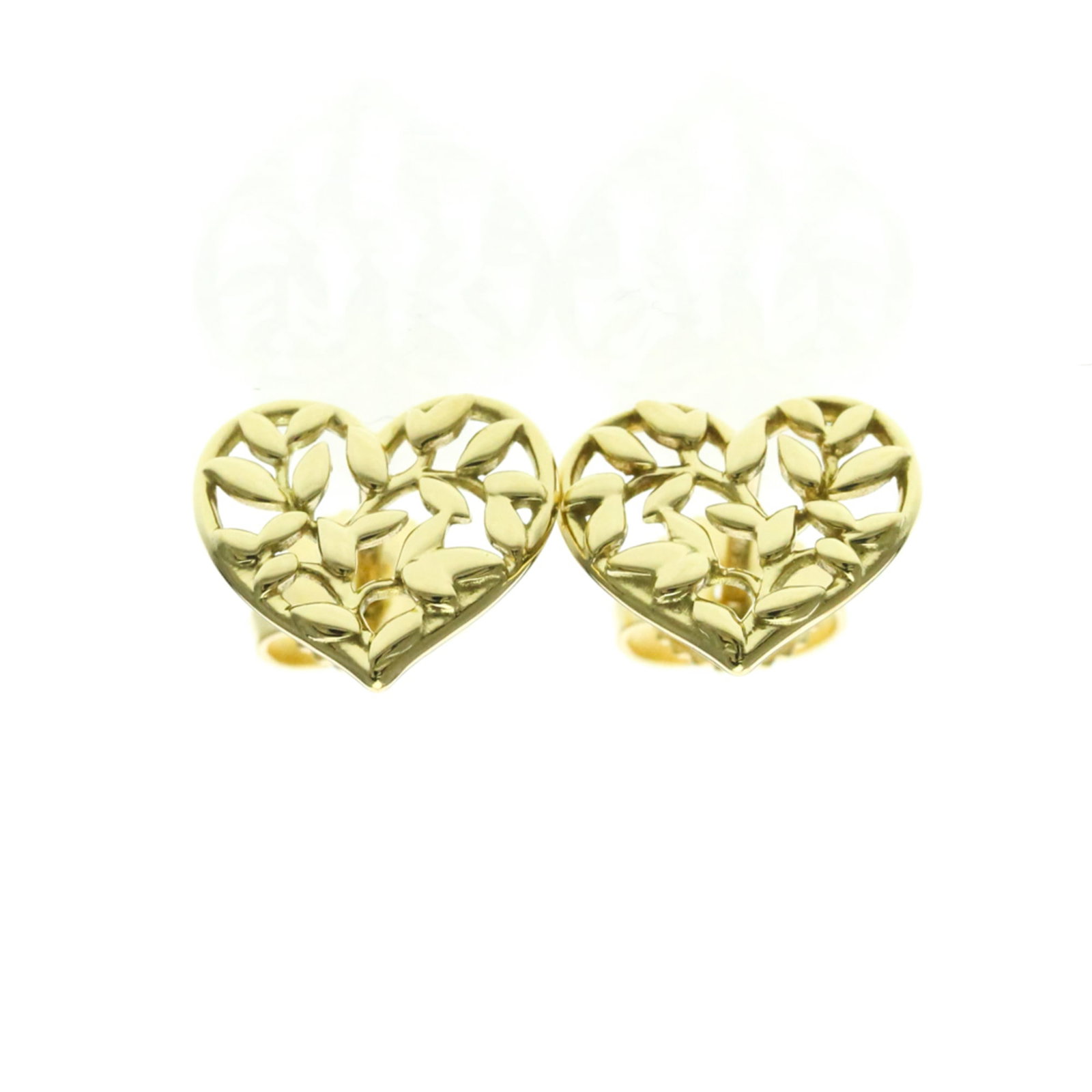 Gold Earrings Yellow Tiffany Stud: Gold Earrings Yellow Tiffany Stud Yellow gold (18K) stud earrings shaped like olive leaves with an olive leaf heart design, crafted from 18K gold metal. Each earring measures 10.50mm x 11.00mm and wei