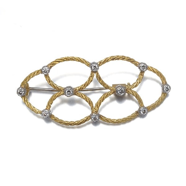 Buccellati/ Wako Brooch Diamond 0.2Ct Bicolor Openwork 18K Yg/ Wg: Buccellati/ Wako Brooch Diamond 0.2Ct Bicolor Openwork 18K Yg/ Wg Multi-tone gold brooch featuring an openwork design with a 0.2ct bicolor diamond, set in 18k yellow and white gold. The intricate styl