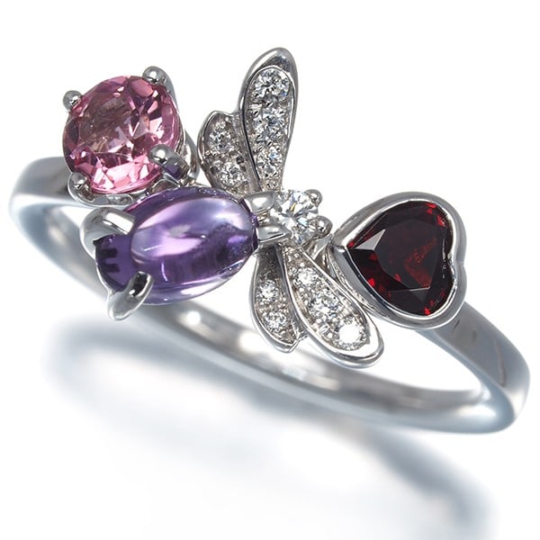 Chaumet Ring Diamond Amethyst Garnet Pink Tourmaline Bee Eu54 18K Wg: Chaumet Ring Diamond Amethyst Garnet Pink Tourmaline Bee Eu54 18K Wg Chaumet's Attrape-moi collection shines with a vibrant mix of colors in this stunning ring featuring a diamond, amethyst, garnet,