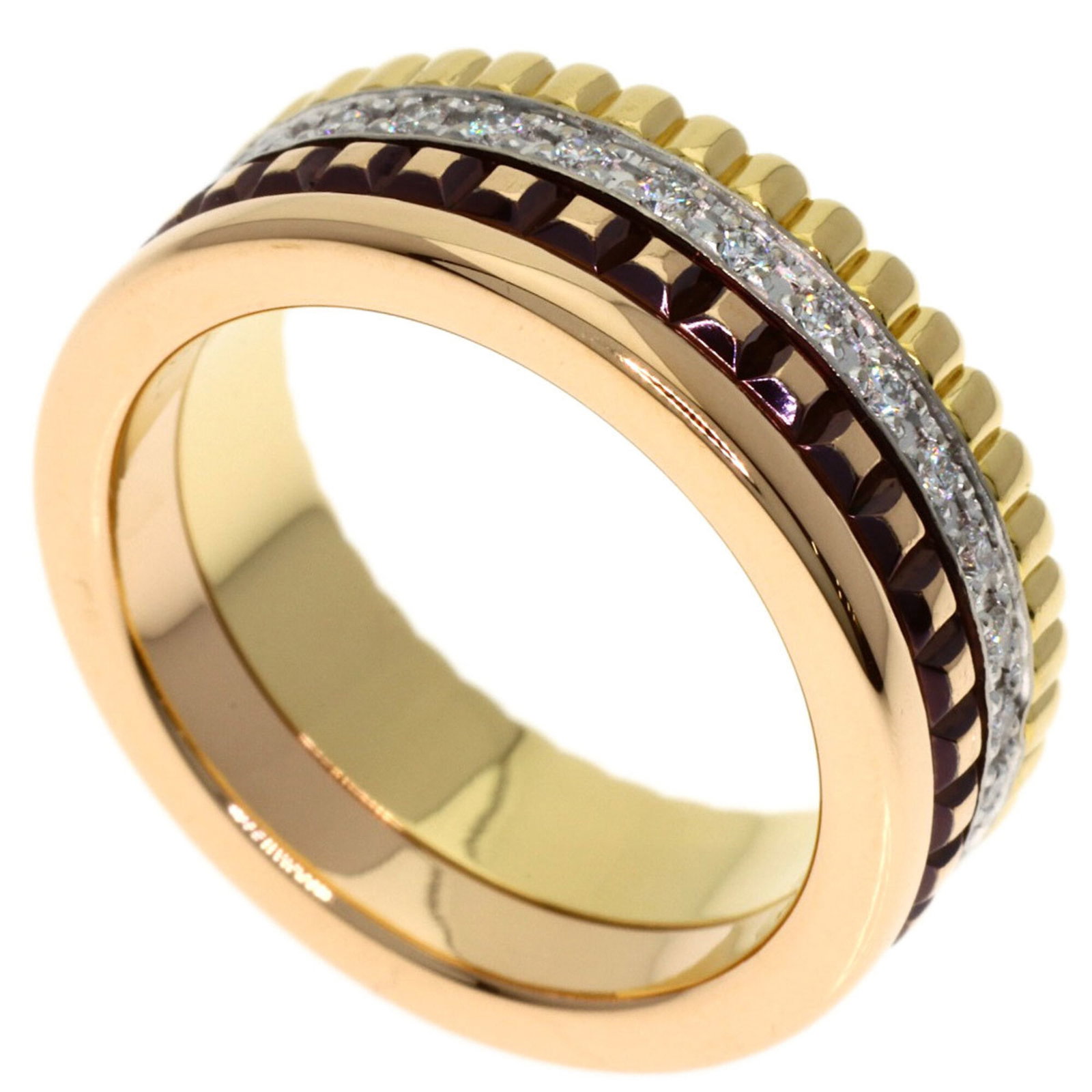 Boucheron Band Ring Pink Gold (18K) White Gold (18K) Yellow Gold (18K): Boucheron Band Ring Pink Gold (18K) White Gold (18K) Yellow Gold (18K) Pink gold, White gold, Yellow gold (18K) band ring with diamond stone, available in US size 3.5. This Boucheron design combines p