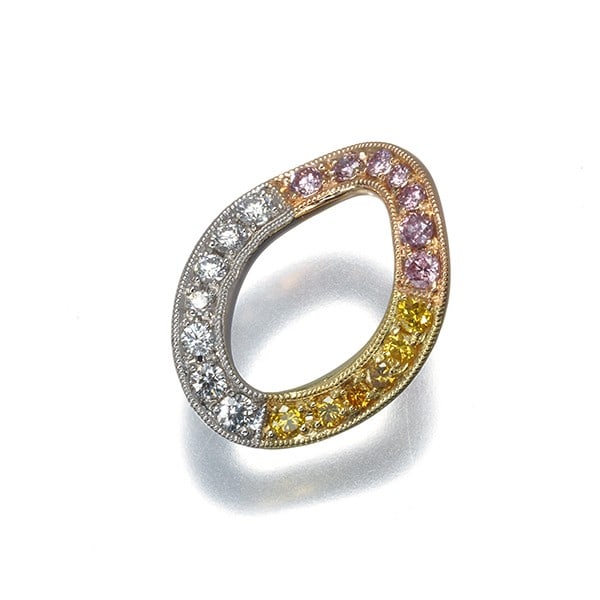 Diamond 0.14Ct/ 0.15Ct/ 0.12Ct Pendant 18K 750 Yellow Rose Gold/ 900 Platinum: Diamond 0.14Ct/ 0.15Ct/ 0.12Ct Pendant 18K 750 Yellow Rose Gold/ 900 Platinum Multi-tone gold pendant featuring three natural diamonds in pink and clear, totaling 0.14ct, 0.15ct, and 0.12ct respective