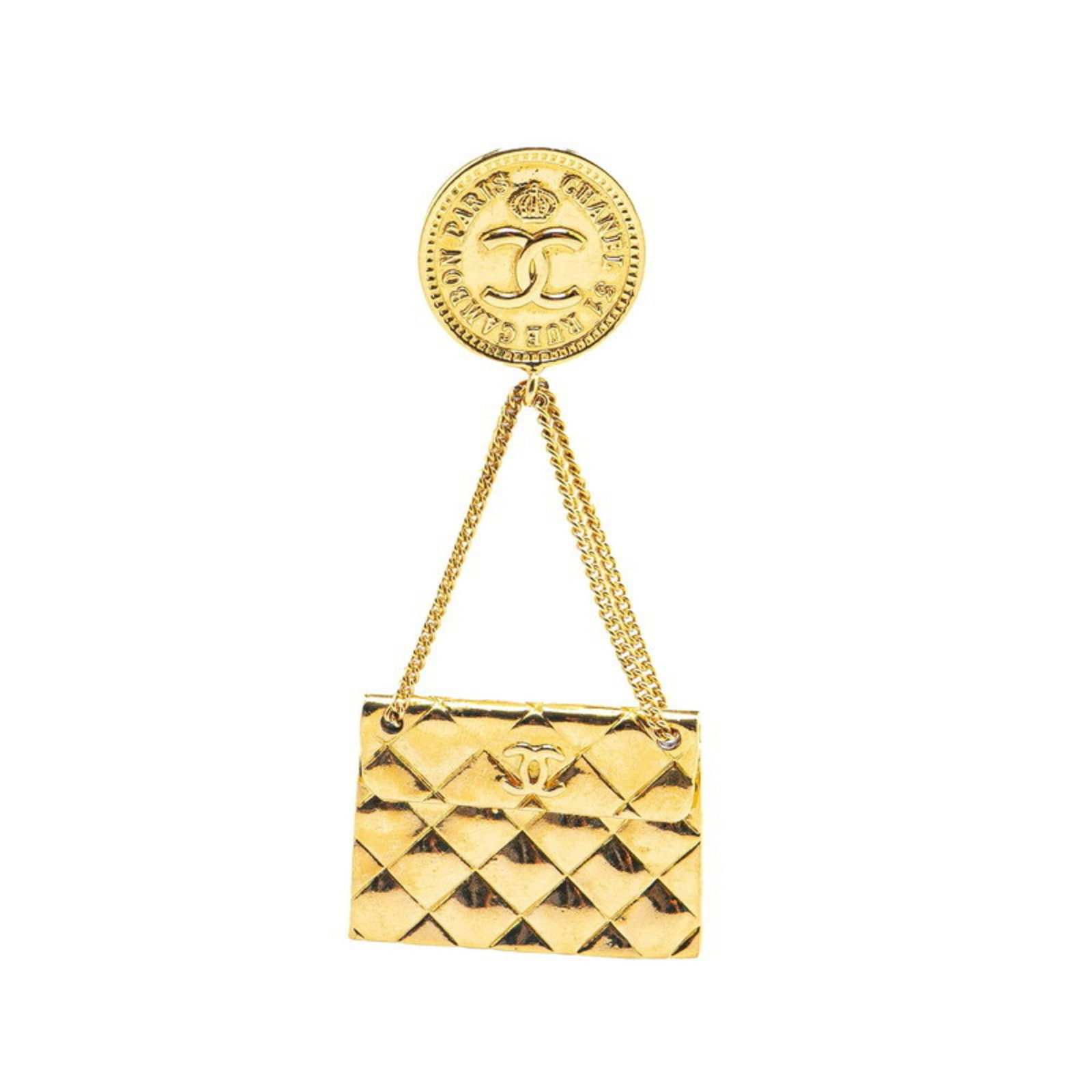 Chanel Brooch Gold Plating: Chanel Brooch Gold Plating Gold plating adds a touch of luxury to this Chanel brooch, featuring a sleek design that complements any outfit. Measuring 8cm x 3.43cm in size, the brooch is made from gold