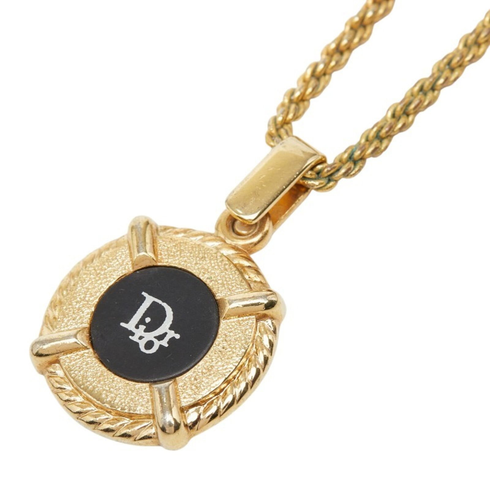 Christian Dior Logo Pendant Necklace Gold Black Plated Women's: Christian Dior Logo Pendant Necklace Gold Black Plated Women's Gold plating and black accents create a sleek, sophisticated look in this Christian Dior logo pendant necklace. The 28.6mm x 18.5mm gold