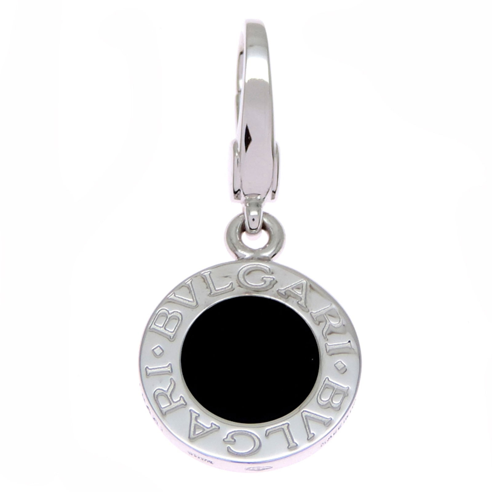 White Gold Bvlgari Necklace Charm 18K: White Gold Bvlgari Necklace Charm 18K White gold (18K) and onyx come together in this elegant Bvlgari necklace charm, crafted with precision to create a sophisticated accessory. Measuring 29.00mm x 13