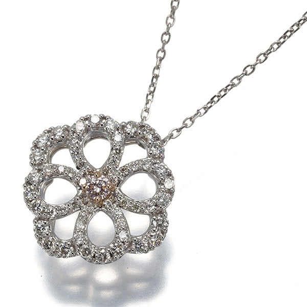 Pink &Clear Diamond 0.052Ct/ 0.48Ct Flower Necklace Pt 950/ Pt 850/ 18K Rg: Pink &Clear Diamond 0.052Ct/ 0.48Ct Flower Necklace Pt 950/ Pt 850/ 18K Rg Pink and clear diamonds add a touch of elegance to this 18K platinum flower-shaped pendant necklace. The delicate design