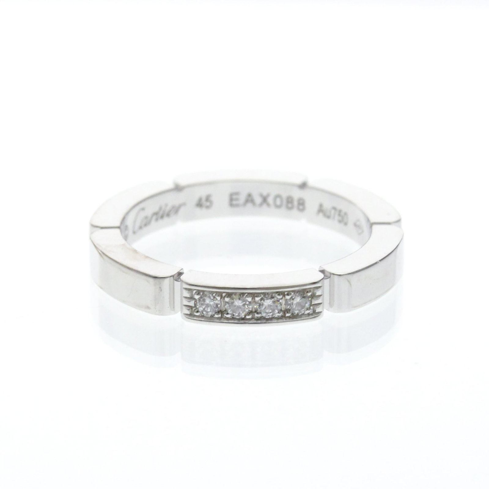 White Gold Band Ring by Cartier 18K: White Gold Band Ring by Cartier 18K Cartier's Maillon Panthre Ring boasts sleek, sophisticated design with four diamonds set in an 18K white gold band. This striking band ring showcases the luxury and