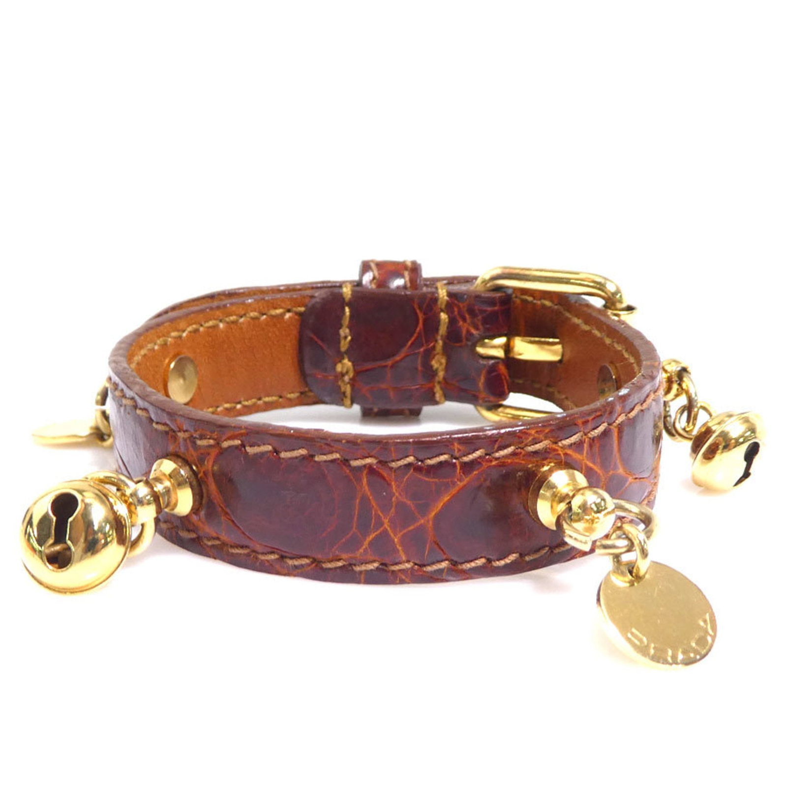 Charm bracelet leather by Prada: Charm bracelet leather by Prada This Prada charm bracelet features embossed leather in brown and gold, with a length of 17cm-20cm. The classic design showcases the brand's signature style, while the h