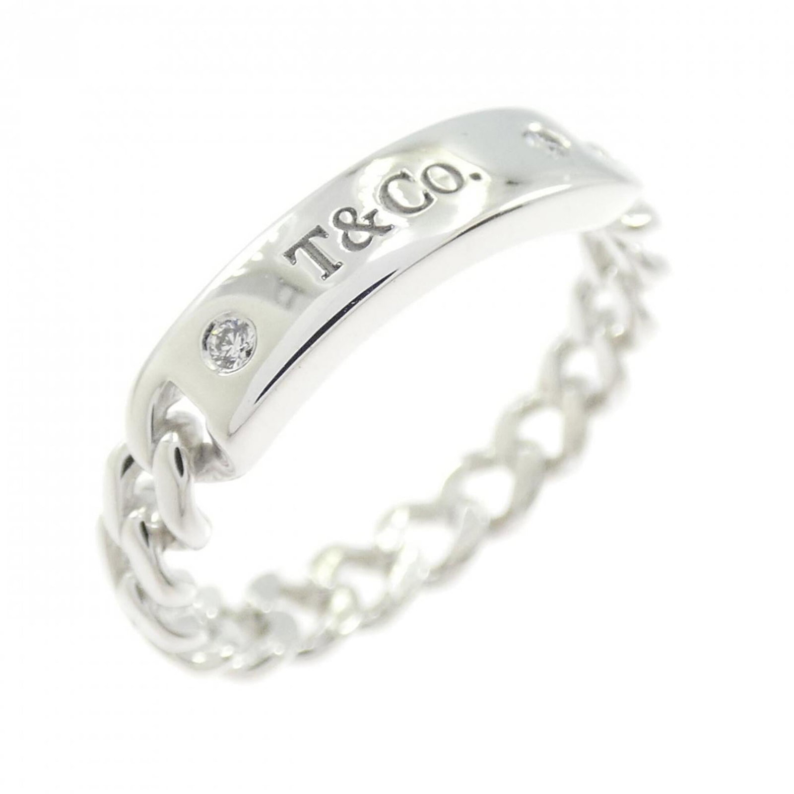 White Gold Tiffany Band Ring 18K: White Gold Tiffany Band Ring 18K White gold Tiffany band ring in 18K, featuring a diamond stone and US size 4.5. This elegant band showcases the luxury of Tiffany's renowned craftsmanship. A beautiful