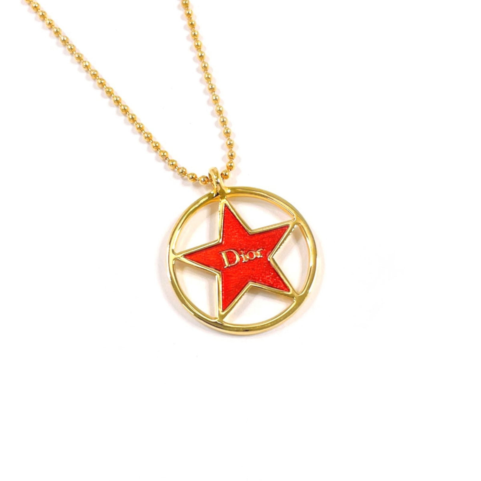 Christian Dior Circle Star Logo Women's Gold Necklace Metal: Christian Dior Circle Star Logo Women's Gold Necklace Metal Christian Dior Circle Star Logo Women's Gold Necklace Metal features a striking gold necklace with an orange circle star logo pendant, measu