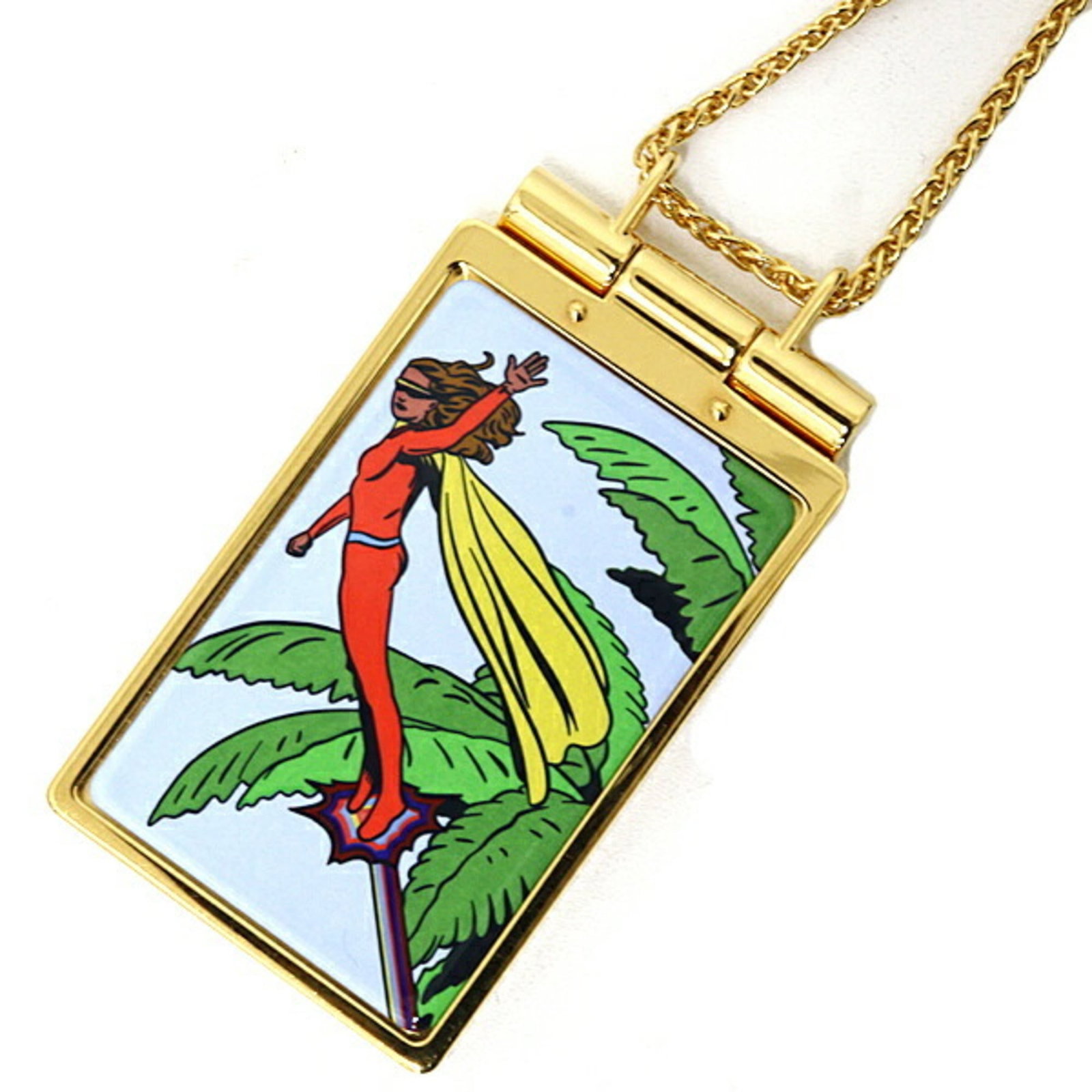 Hermes Gold Multicolor Pendant Necklace Mirror Beach Compact: Hermes Gold Multicolor Pendant Necklace Mirror Beach Compact Gold, Multi-color Pendant Necklace Mirror Beach Compact. This unique necklace features a striking gold multicolor pendant with mirror-like