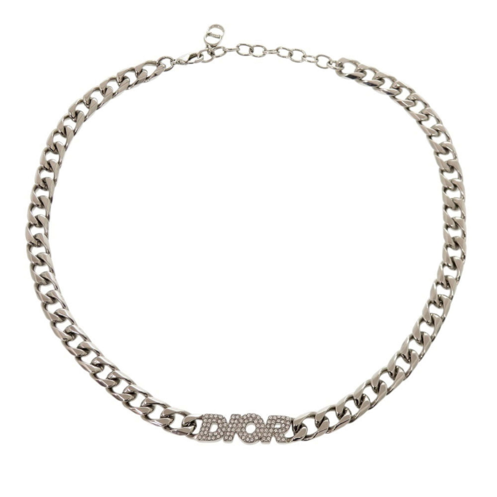 Christian Dior Excellent Condition Dior Chain Link Brass Rhinestone Silver Necklace 1713Dior: Christian Dior Excellent Condition Dior Chain Link Brass Rhinestone Silver Necklace 1713Dior Brass chain link necklace with silver finish and rhinestone accents, featuring the Christian Dior brand.