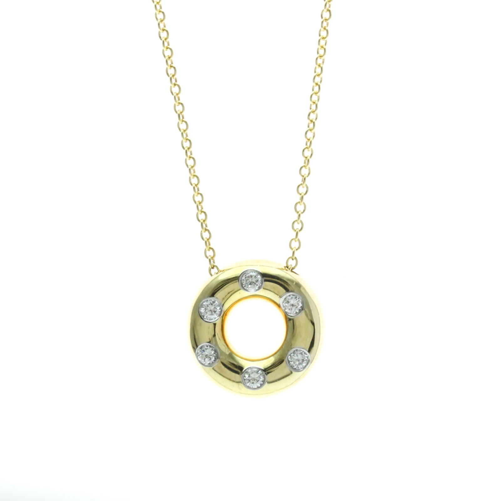 Tiffany Dots Circle Diamond Necklace Yellow Gold (18K)Platinum Diamond Menwomen Fashion Pendant: Tiffany Dots Circle Diamond Necklace Yellow Gold (18K)Platinum Diamond Menwomen Fashion Pendant Tiffany's Dots Circle Diamond Necklace shines with its 5.1g of diamonds in a platinum and yellow gold (1