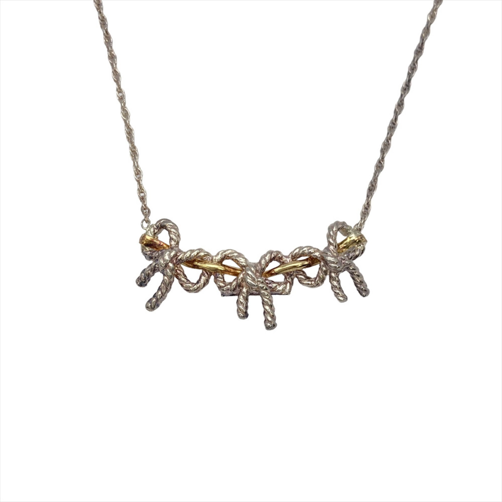 Tiffany & Co. Twist Triple Ribbon Necklace Sv925 (5.4G) 18K Silver And Gold Combination: Tiffany & Co. Twist Triple Ribbon Necklace Sv925 (5.4G) 18K Silver And Gold Combination Twist Triple Ribbon Necklace in 18K Gold and Silver Combination, featuring a pendant size of 16.1mm x 34mm and a