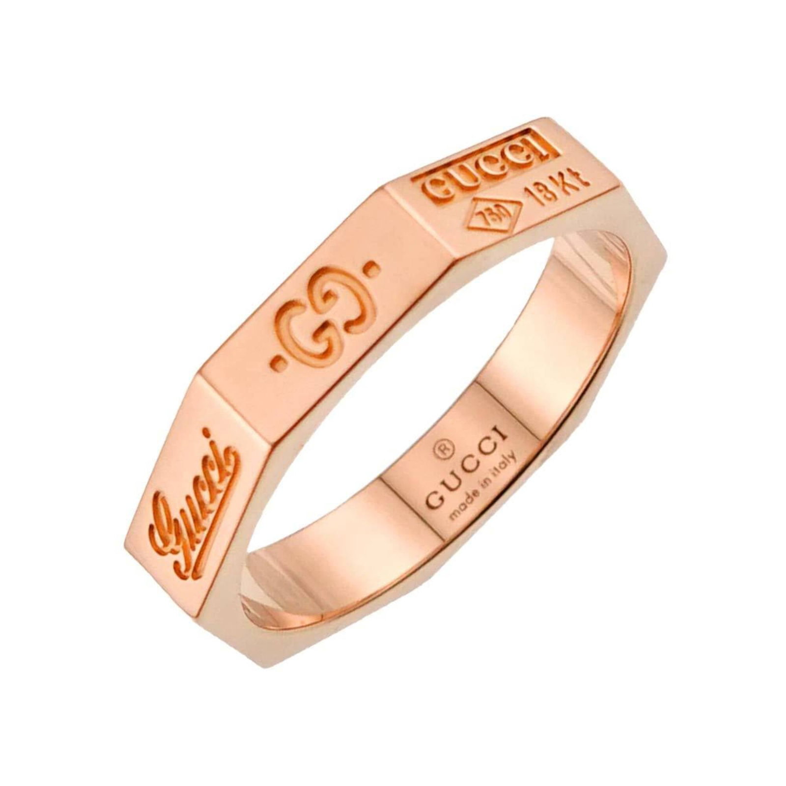 Pink gold band ring from Gucci: Pink gold band ring from Gucci Pink gold band ring from Gucci, featuring 18K pink gold material and a US size 5.5 design. This elegant ring showcases the iconic Gucci brand with its signature style an