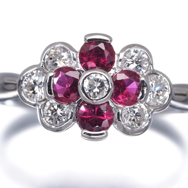 Ruby 0.51Ct Diamond 0.44Ct Flower Ring 900 Platinum - 2