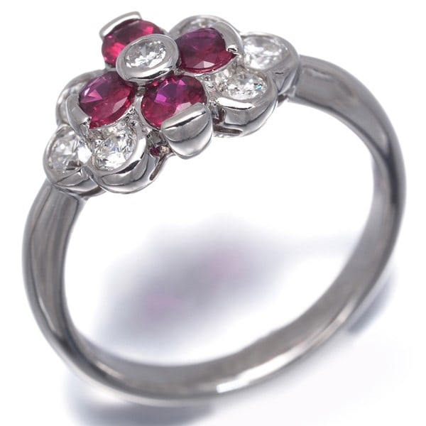 Ruby 0.51Ct Diamond 0.44Ct Flower Ring 900 Platinum - 3