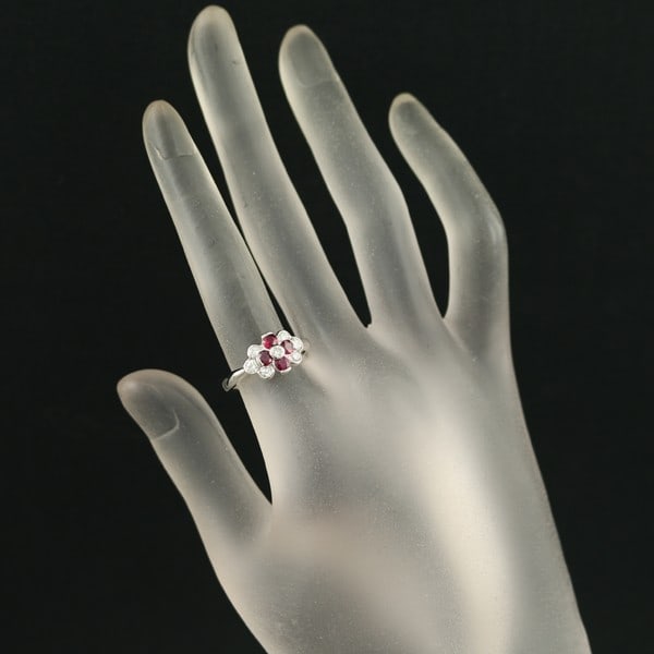 Ruby 0.51Ct Diamond 0.44Ct Flower Ring 900 Platinum - 6