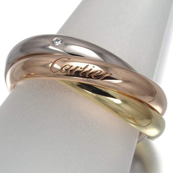 Cartier Ring Diamond Trinity 5P 3Color Classic Eu59 18K Yg/ Wg/ Rg: Cartier Ring Diamond Trinity 5P 3Color Classic Eu59 18K Yg/ Wg/ Rg 18k multi-tone gold ring featuring a natural diamond, part of Cartier's iconic Trinity collection. This classic design showcases thre