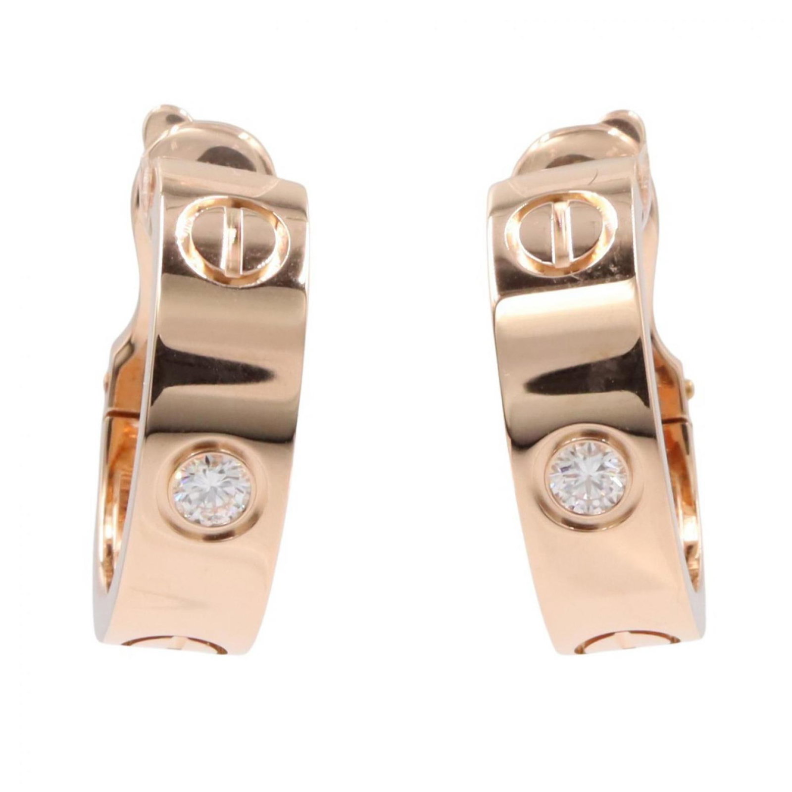 Pink Gold Hoop Earrings by Cartier: Pink Gold Hoop Earrings by Cartier Pink gold hoop earrings by Cartier, crafted from 18K pink gold with clear and pink gold details. These elegant earrings showcase the iconic style of Cartier's design