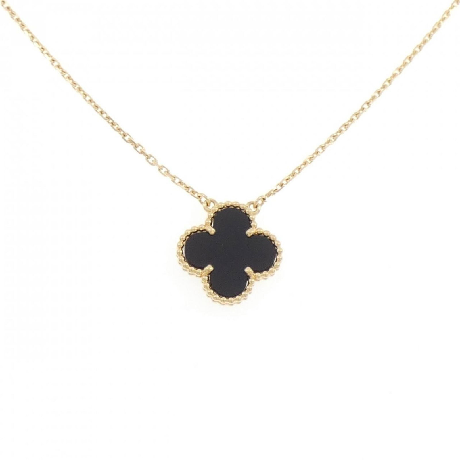Alhambra Necklace by Van Cleef & Arpels: Alhambra Necklace by Van Cleef & Arpels Yellow gold (18K) pendant necklace from Van Cleef & Arpels, featuring a striking Alhambra design. The 14.9mm x 14.9mm pendant measures 0.58'' x 0.58'', and the 