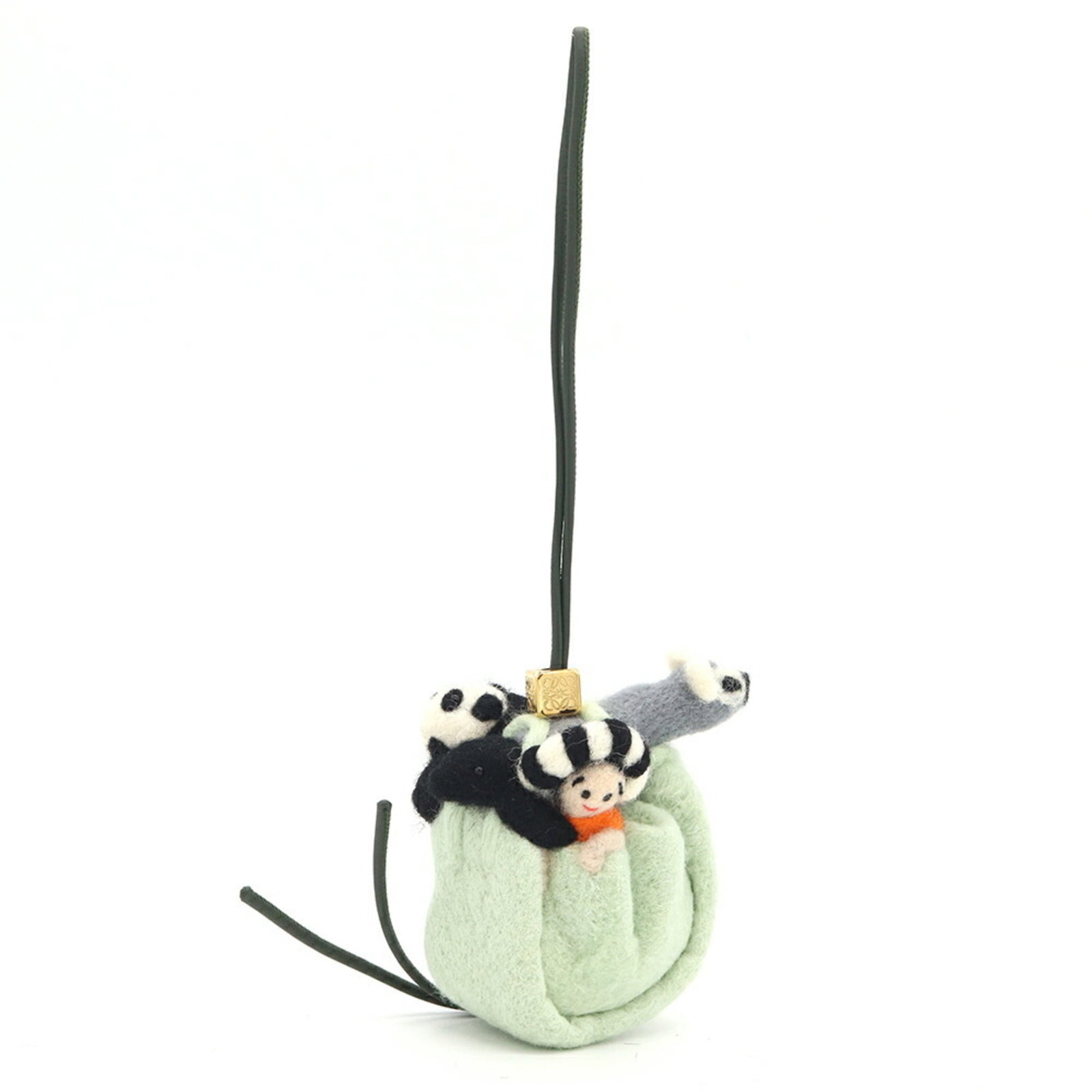 Handbag Charm By Loewe: Handbag Charm By Loewe The Loewe Handbag Charm boasts a striking green hue, measuring 90mm x 90mm x 60mm. Weighing in at 56.5g, this charm showcases the brand's signature style with its compact size