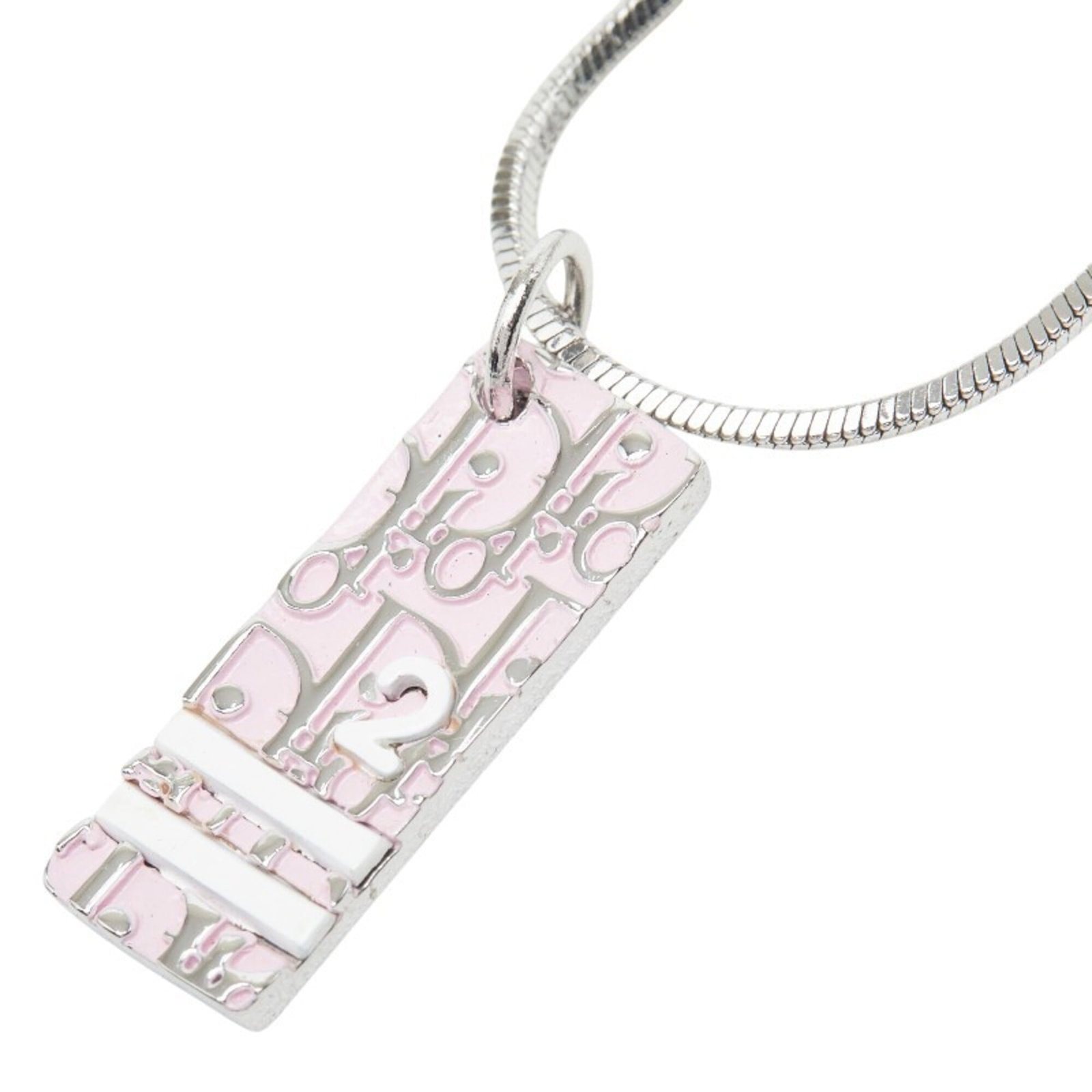 Christian Dior Women's Silver Metal Pink Chain Pendant Logo Plate Trotter Necklace: Christian Dior Women's Silver Metal Pink Chain Pendant Logo Plate Trotter Necklace The Christian Dior Women's Silver Metal Pink Chain Pendant Logo Plate Trotter Necklace boasts a striking silver