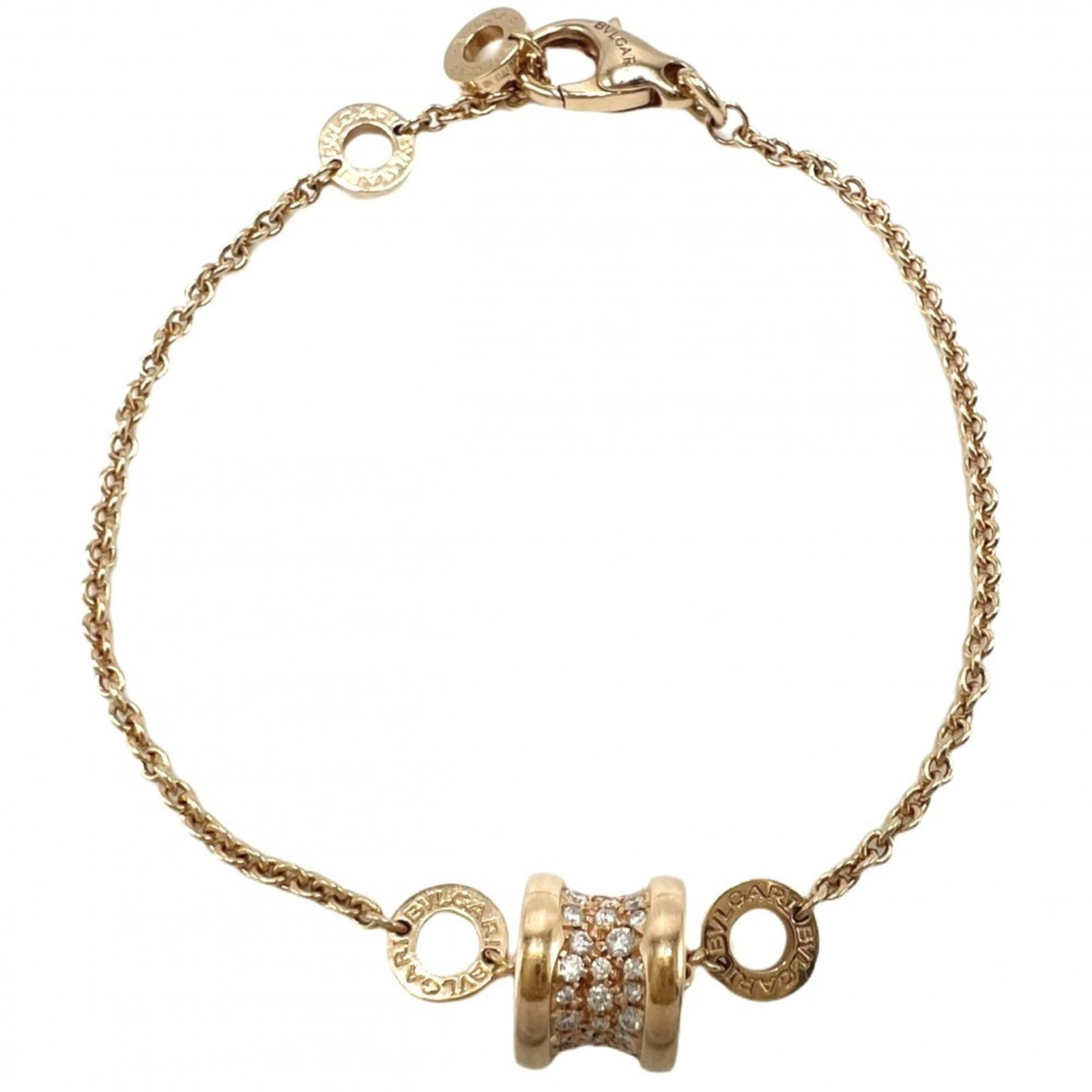 Pink Gold 18K Bvlgari Charm Bracelet: Pink Gold 18K Bvlgari Charm Bracelet Pink gold (18K) charm bracelet from Bvlgari, featuring a diamond stone and measuring 17cm in length. This elegant piece showcases the luxury brand's signature styl