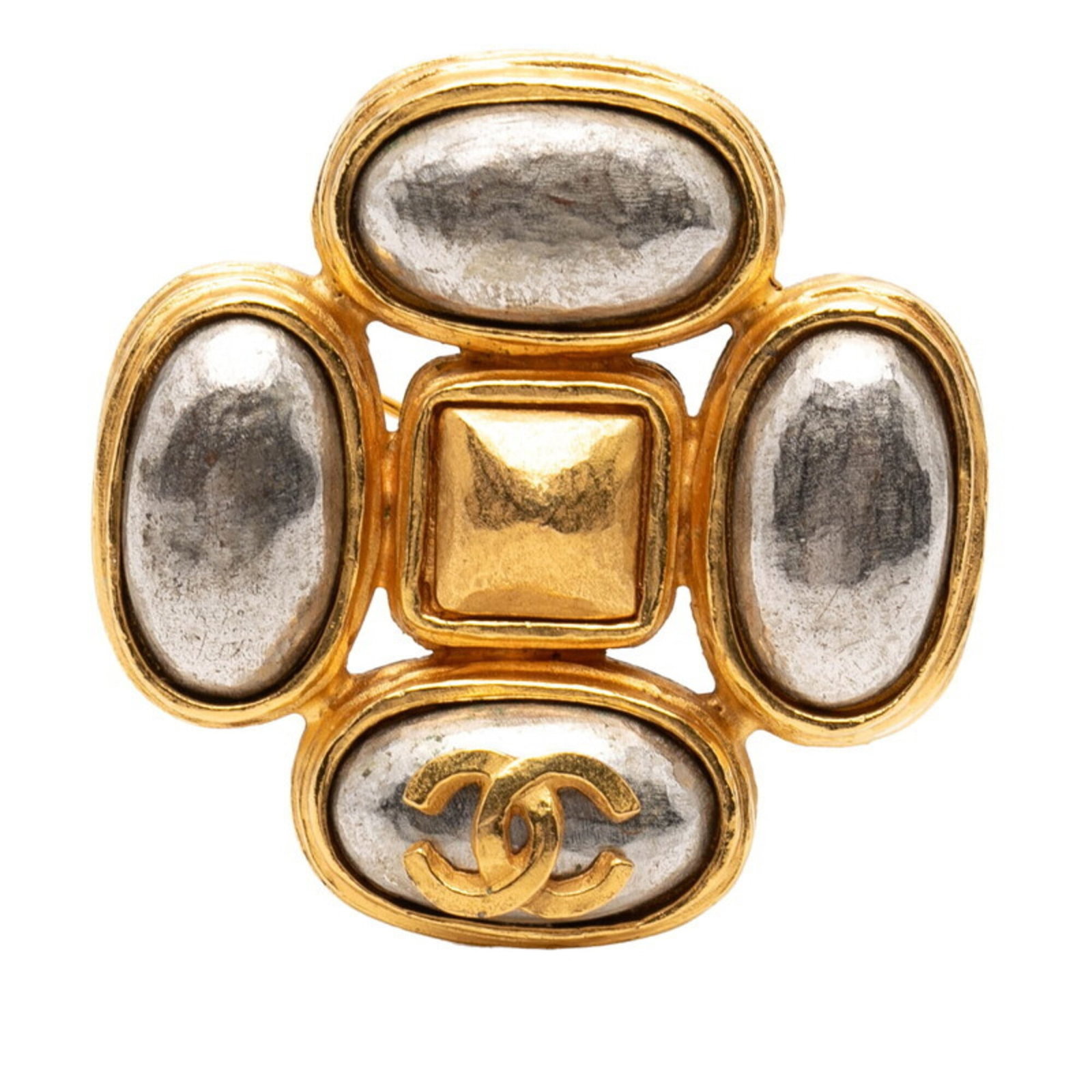 Chanel Brooch: Chanel Brooch Gold Chanel Brooch measures 4.29cm x 4.29cm / 1.68'' x 1.68''. The brooch bears a signature, and it is made of gold. It has dimensions of HxWxD: 4.29cm x 4.29cm. Item Specifics: Brand: C