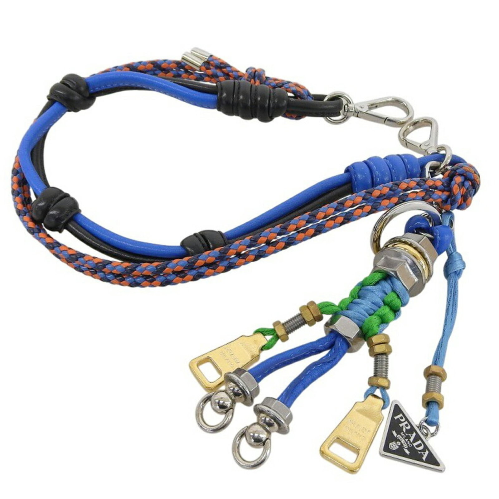 Charm Handbag Leather Metal Prada: Charm Handbag Leather Metal Prada Black, Blue, Green, Orange leather and metal Prada handbag charm. This stylish accessory features the iconic brand's signature design with a mix of luxurious material