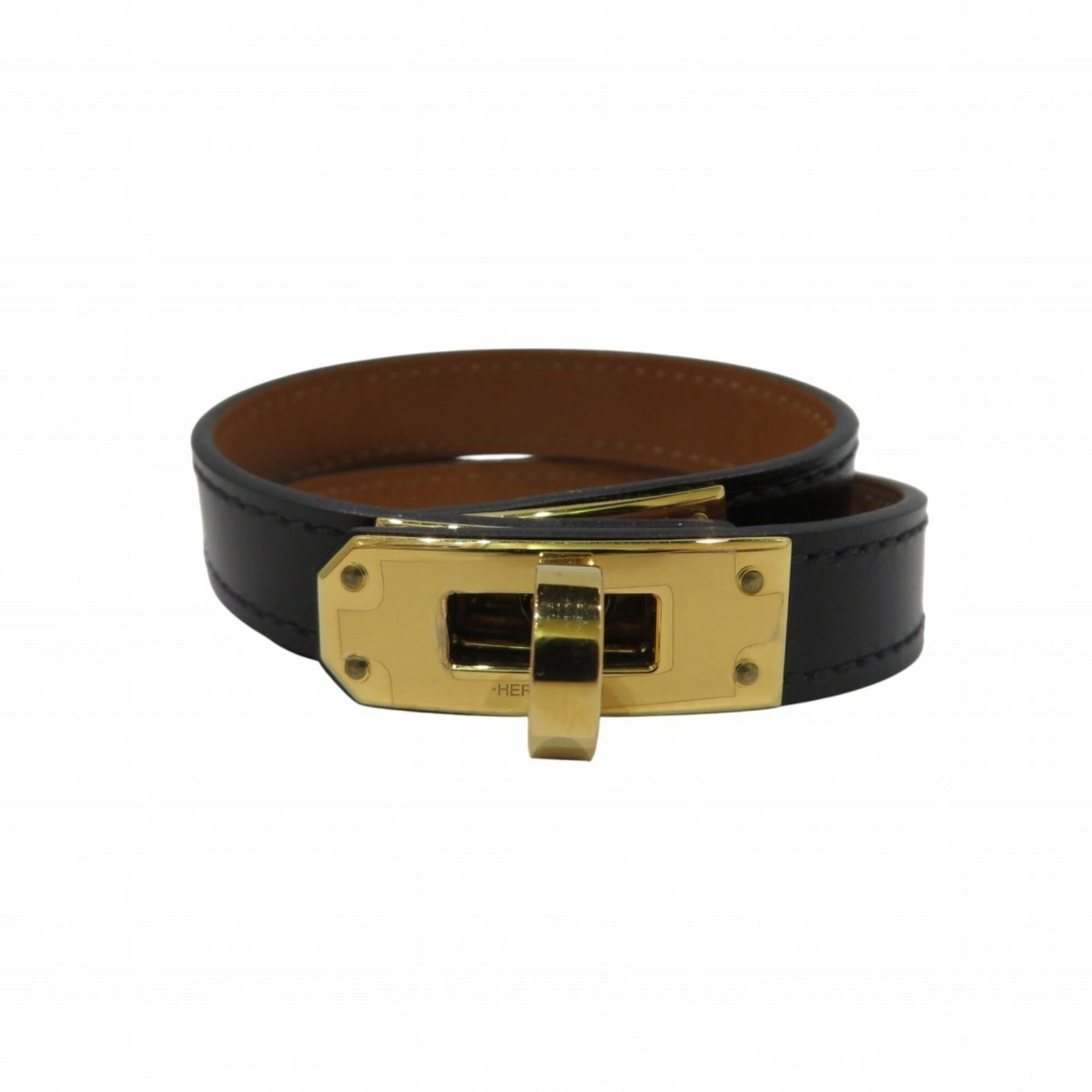 Hermes Charm Bracelet Leather: Hermes Charm Bracelet Leather Gold plated and adorned with leather, this Kelly charm bracelet from Hermes boasts a sleek design. Measuring 37cm in length, the 1.2cm wide strap offers a stylish additio