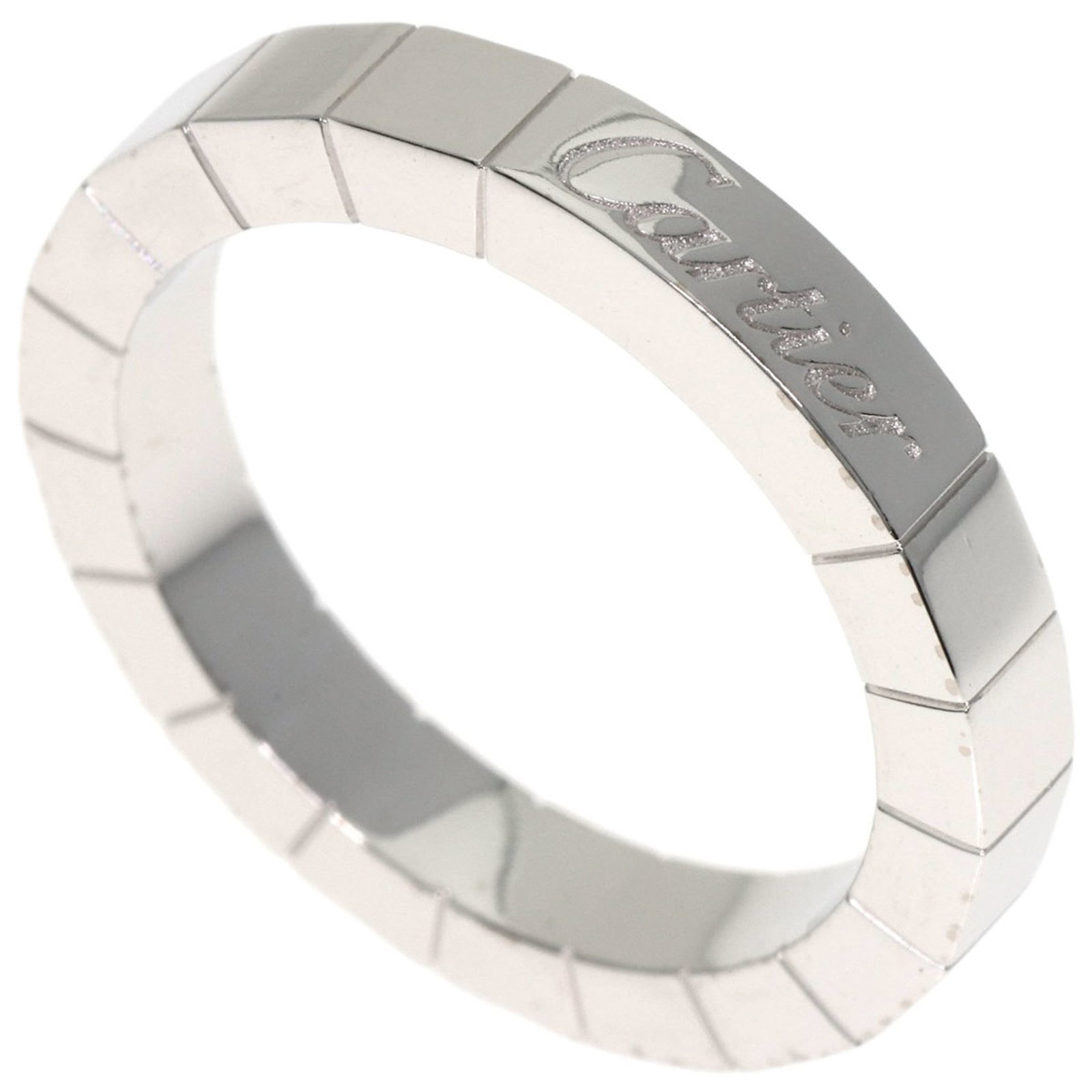 White Gold Band Ring by Cartier 18K: White Gold Band Ring by Cartier 18K Cartier's Lanieres band ring showcases elegant simplicity in 18K white gold, making it a timeless choice for everyday wear. This US size 4.5 band ring is crafted fr