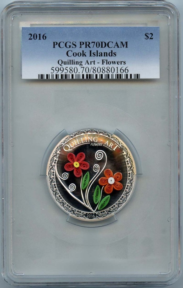 2016 $2 Cook Islands Quilling Art Flowers PCGS PR70CAM: 2016 $2 Cook Islands Quilling Art Flowers PCGS PR70CAM The 2016 $2 Cook Islands Quilling Art Flowers PCGS PR70CAM is a stunning example of circulated uncirculated coinage, boasting a high grade of PR7