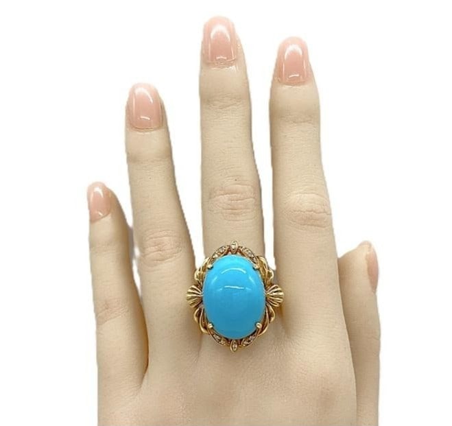 Estate Turquoise 30.8ct Diamond 18k Yellow Gold Bold Statement Ring US 8 EU 57: Estate Turquoise 30.8ct Diamond 18k Yellow Gold Bold Statement Ring US 8 EU 57 Item Specifics: Shape: Oval Occasion: Anniversary Birthday Christening Christmas Engagement Graduation Mother's Day Valen