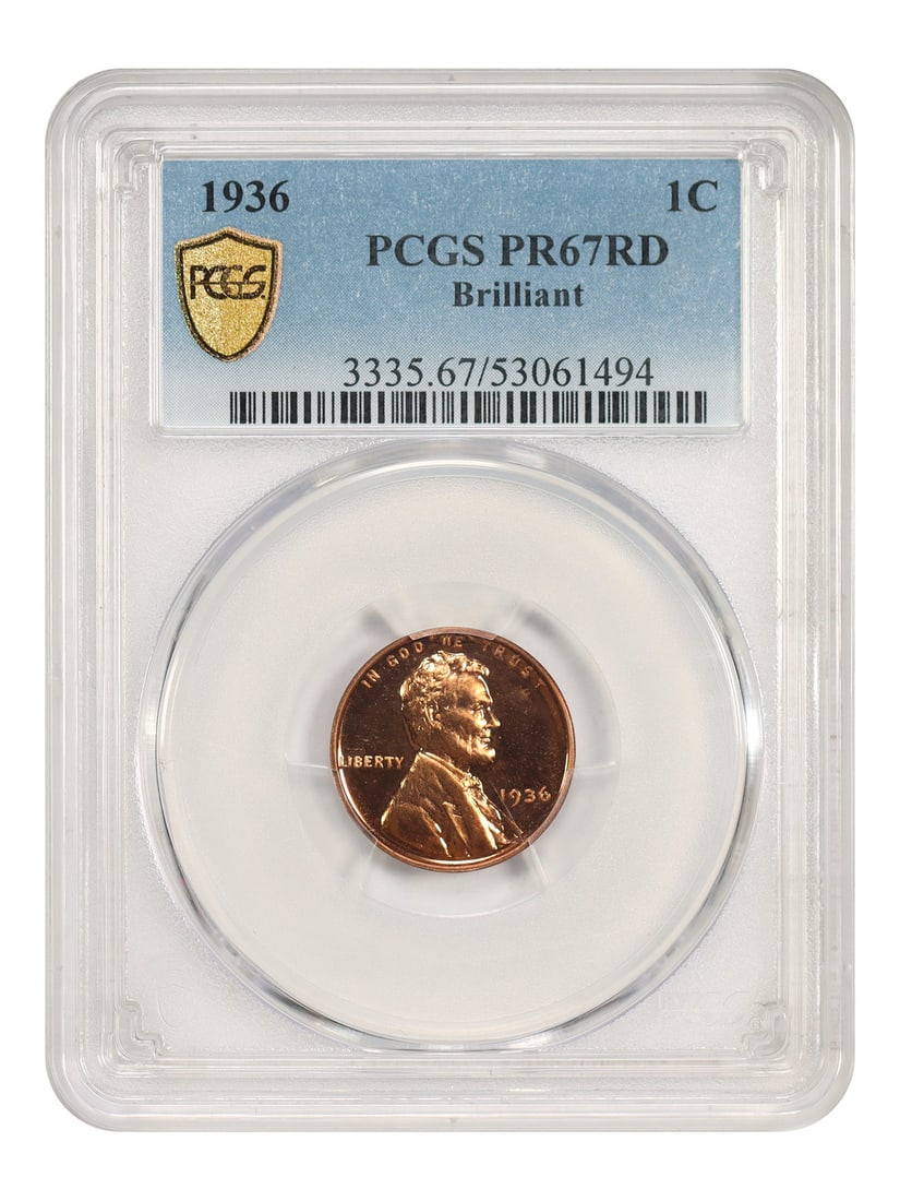 1936 1C PCGS PR67RD (Brilliant) - Lincoln Cent (Wheat Reverse): 1936 1C PCGS PR67RD (Brilliant) - Lincoln Cent (Wheat Reverse) The 1936 Lincoln Cent, graded PR67RD by PCGS, boasts a stunning Brilliant condition with rich red hues on its Wheat Reverse design. This 
