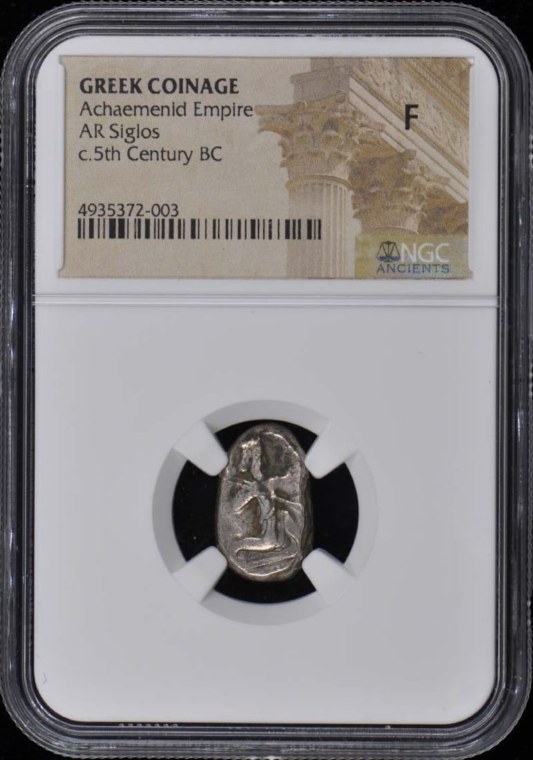 Achamenid Empire 5th Centuries Ar Sigios NGC F12: Achamenid Empire 5th Centuries Ar Sigios NGC F12 NGC F12 graded Ar Sigios coin from the Achamenid Empire, dated NONE. This ancient Greek coin boasts a unique certification number and features the dist