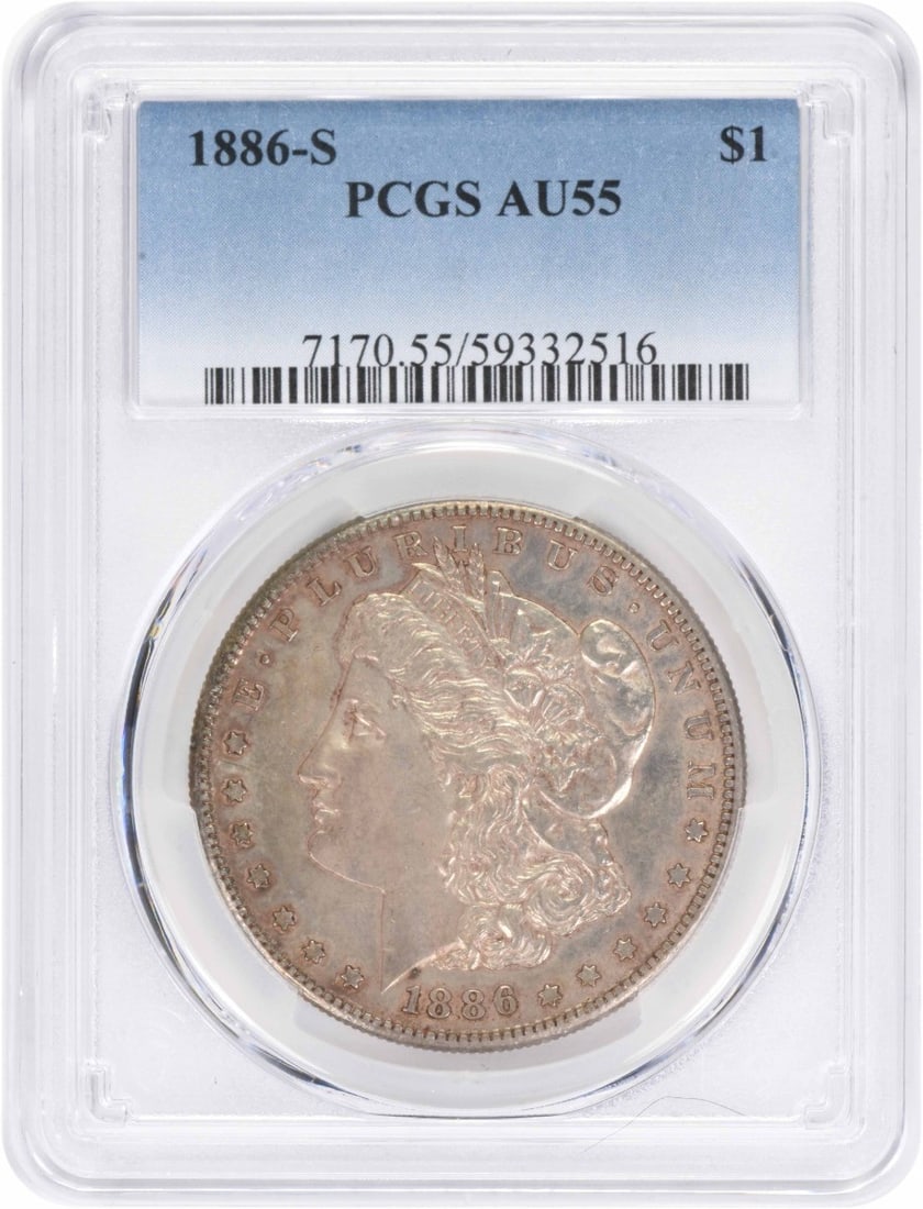 Silver dollar of Morgan 1886 AU55 PCGS: Silver dollar of Morgan 1886 AU55 PCGS The 1886 Morgan dollar, graded AU55 by PCGS, boasts an attractive circulated condition and a rich history. This silver coin features the iconic design of George 