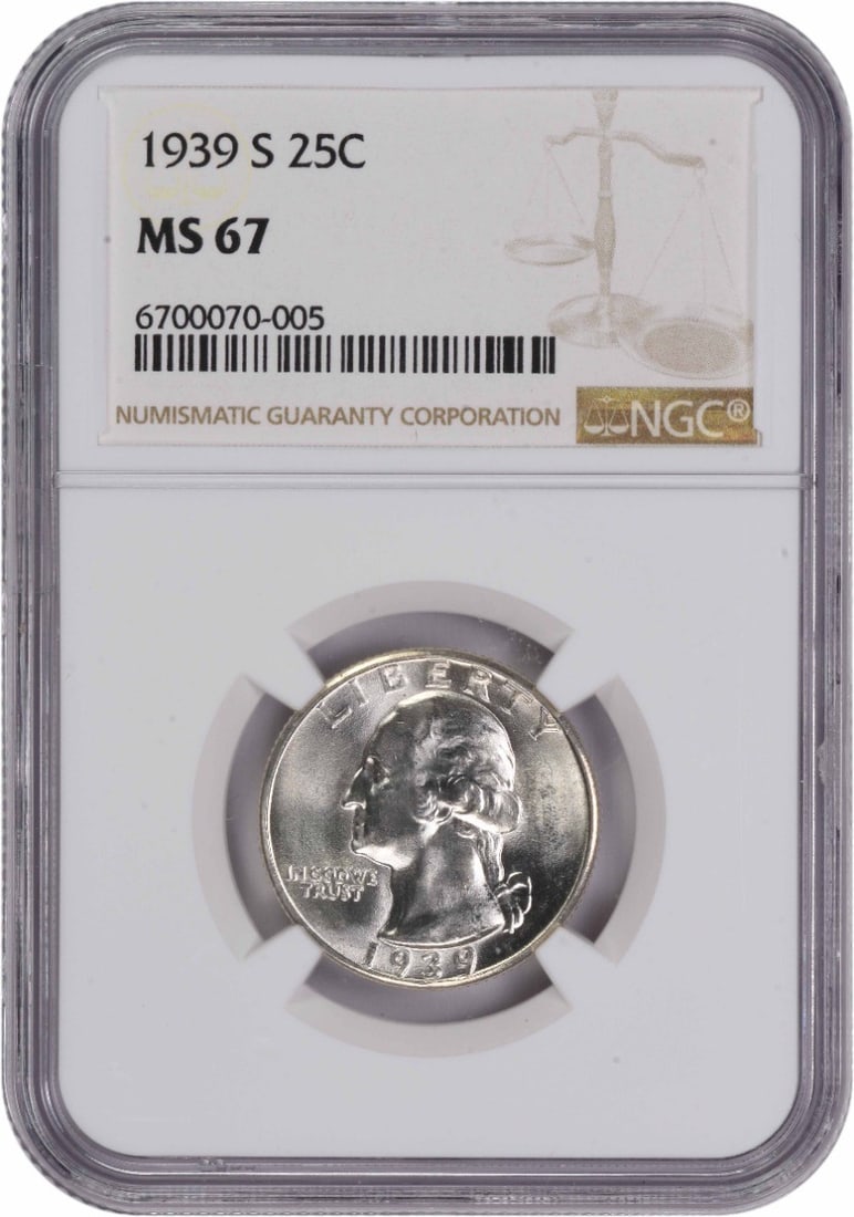 MS67 NGC Washington Quarter 1939 Silver: MS67 NGC Washington Quarter 1939 Silver MS67 NGC Washington Quarter 1939 Silver features a stunning design by John Flanagan, with its reeded edge and 90% silver composition making it a unique collecto
