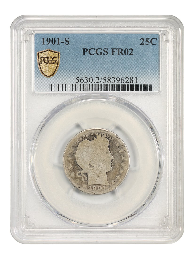 1901-S 25C PCGS Fair 02 - Barber Quarter - Famous Key Date: 1901-S 25C PCGS Fair 02 - Barber Quarter - Famous Key Date 1901-S Barber Quarter, a key date in the series, features a distinctive design with a classic shield motif. Certified by PCGS as Fair 02, thi