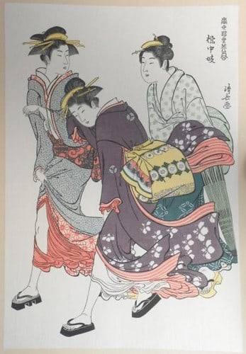 Japanese Woodblock Print Torii Kiyonaga Beauties Pleasure Quarters Adachi Oban: Japanese Woodblock Print Torii Kiyonaga Beauties Pleasure Quarters Adachi Oban Item Specifics: Artist: Torii Kiyonaga Subject: Bijin-ga (Beautiful Women) Material: Paper Style: Japanese Size: 39 x 27 