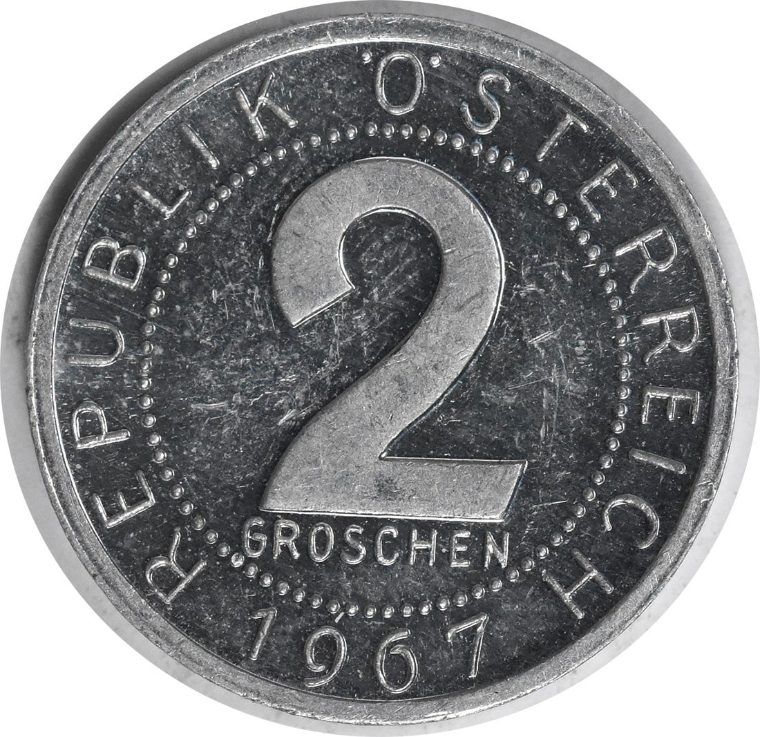 1967 Austria 2 Groschen Proof KM2876 (Only 13000 minted): 1967 Austria 2 Groschen Proof KM2876 (Only 13000 minted) Only 13,000 minted, the 1967 Austria 2 Groschen Proof KM2876 is a highly sought-after collectible. This circulated proof features an aluminum c