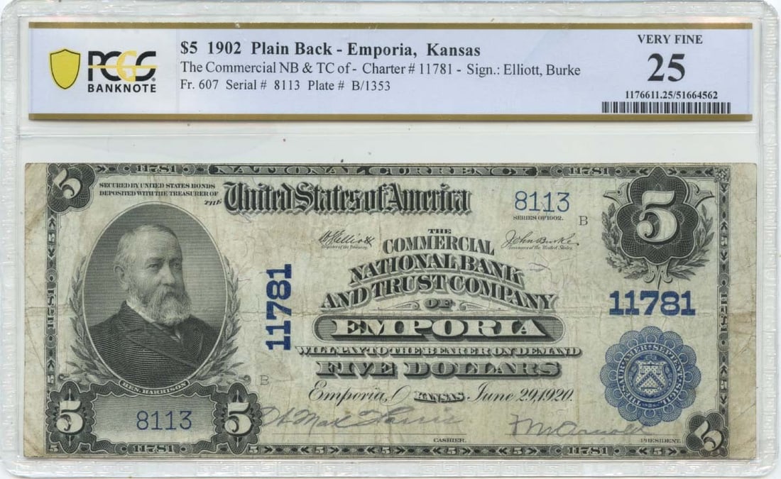 1902 $5 National PB FR#607 Commercial NB & TC Emporia, Kansas CH#11781 PCGS VF25: 1902 $5 National PB FR#607 Commercial NB & TC Emporia, Kansas CH#11781 PCGS VF25 Item Specifics: Year: NONE Grade: VF25 Certification: PCGS Banknote Circulated/Uncirculated: Circulated Certification N